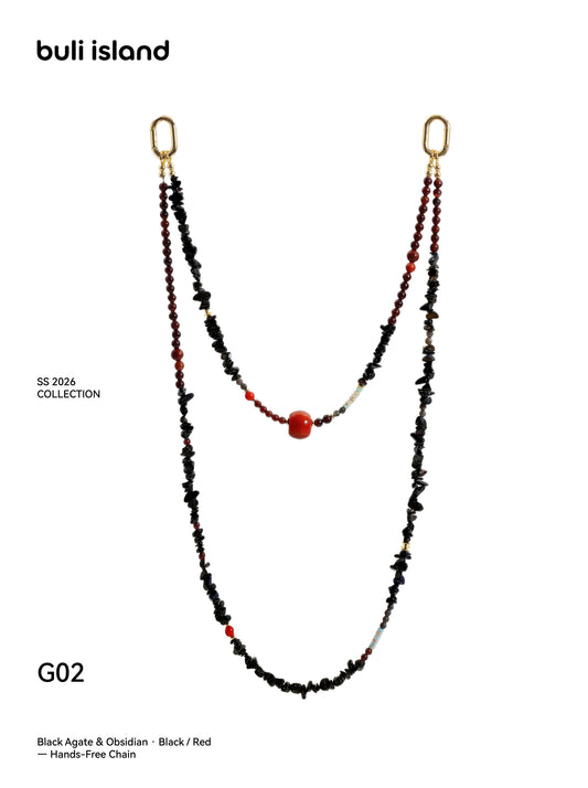 Black Agate & Obsidian · Black / Red — Hands-Free Chain