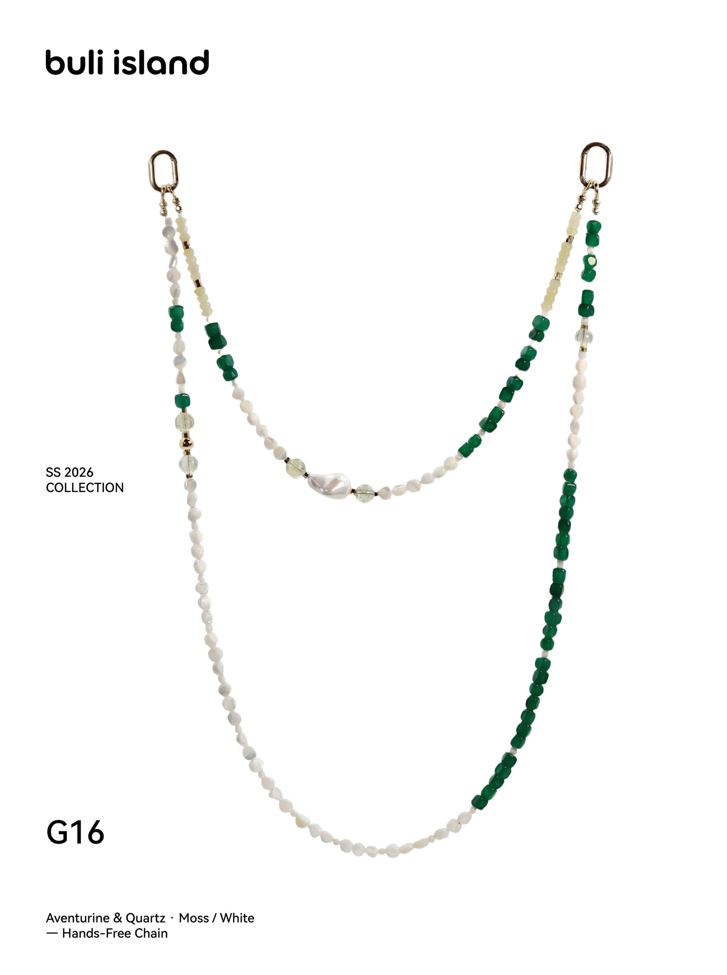 Aventurine & Quartz · Moss / White — Hands-Free Chain
